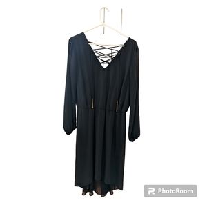 Thalia Sodi LG sheer black overlay dress with lace up silver tassel detail
